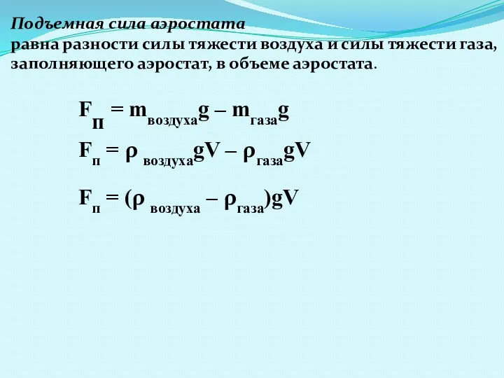 Подъемная сила аэростата равна разности силы тяжести воздуха и силы