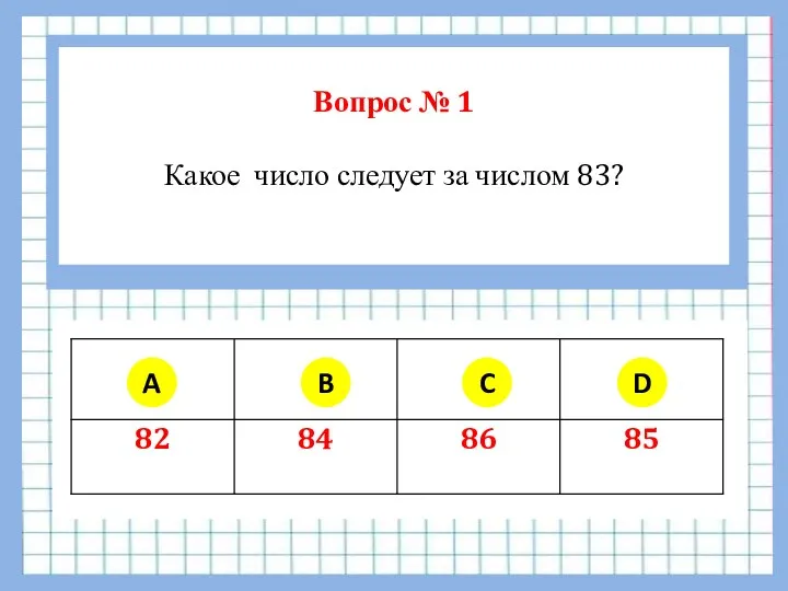 Вопрос № 1 Какое число следует за числом 83? A B C D