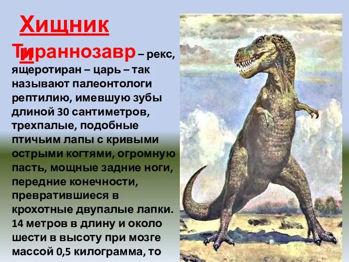 Хищники Тираннозавр – рекс, ящеротиран – царь – так называют