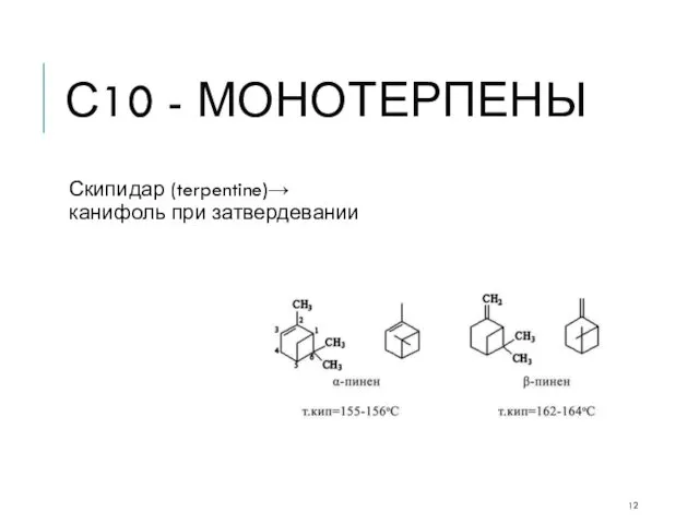 С10 - МОНОТЕРПЕНЫ Скипидар (terpentine)→ канифоль при затвердевании