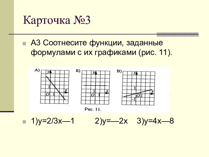Карточка №3 А3 Соотнесите функции, заданные формулами с их графиками (рис. 11). 1)у=2/3х—1 2)у=—2х 3)у=4х—8