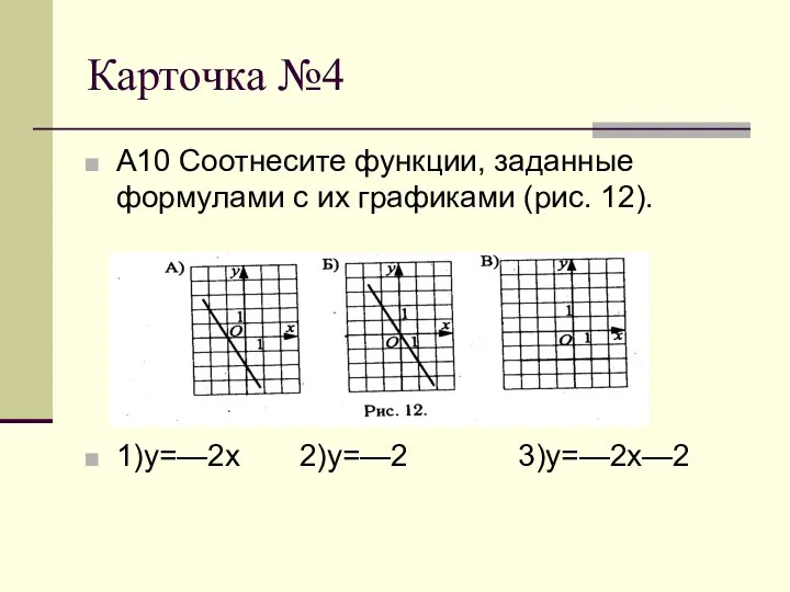 Карточка №4 А10 Соотнесите функции, заданные формулами с их графиками (рис. 12). 1)у=—2х 2)у=—2 3)у=—2х—2