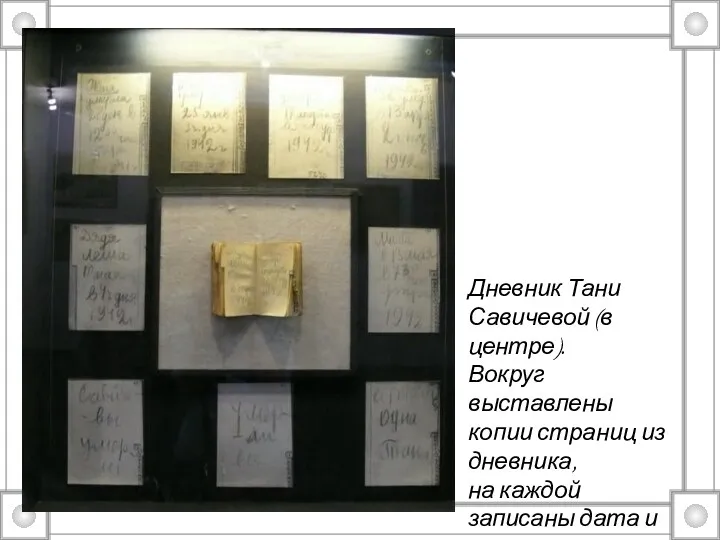 Дневник Тани Савичевой (в центре). Вокруг выставлены копии страниц из
