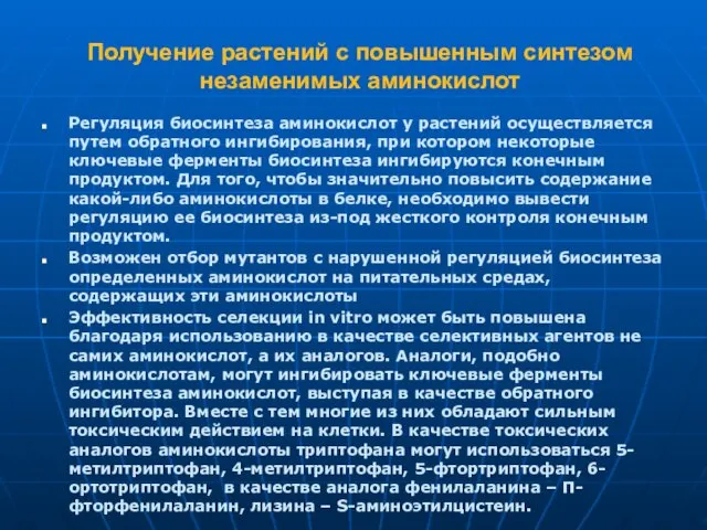 Получение растений с повышенным синтезом незаменимых аминокислот Регуляция биосинтеза аминокислот