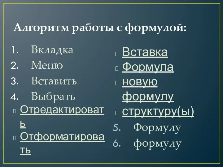 Алгоритм работы с формулой: Вкладка Меню Вставить Выбрать Отредактировать Отформатировать