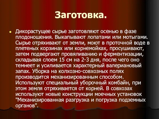 Заготовка. Дикорастущее сырье заготовляют осенью в фазе плодоношения. Выкапывают лопатами