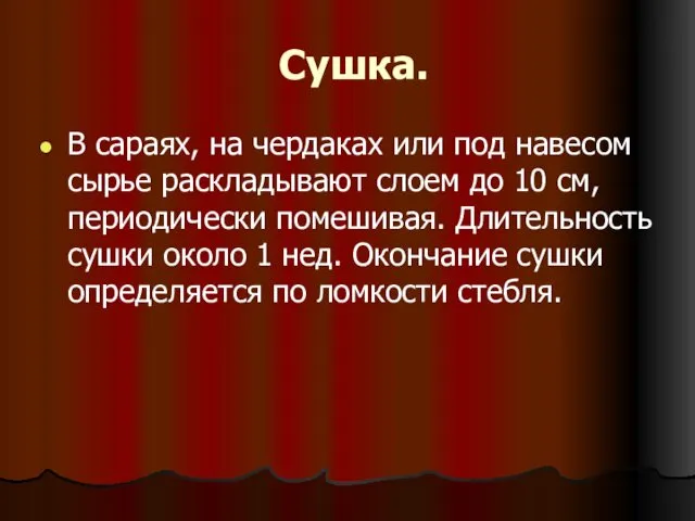 Сушка. В сараях, на чердаках или под навесом сырье раскладывают