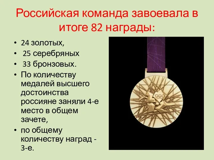 Российская команда завоевала в итоге 82 награды: 24 золотых, 25 серебряных 33 бронзовых.