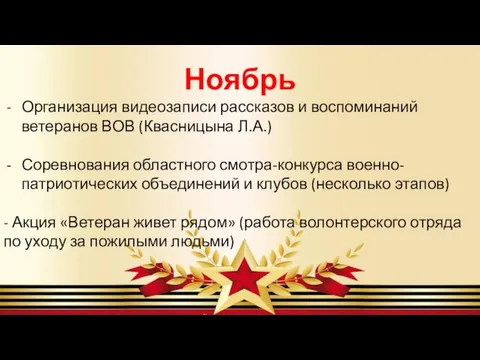 Ноябрь Организация видеозаписи рассказов и воспоминаний ветеранов ВОВ (Квасницына Л.А.)