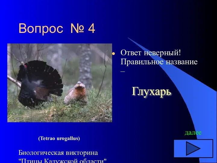 Биологическая викторина "Птицы Калужской области" Вопрос № 4 Ответ неверный!