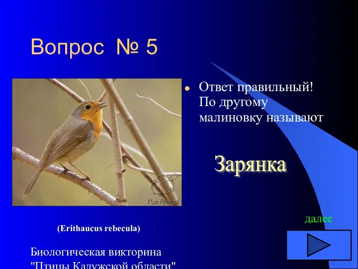 Биологическая викторина "Птицы Калужской области" Вопрос № 5 Ответ правильный!