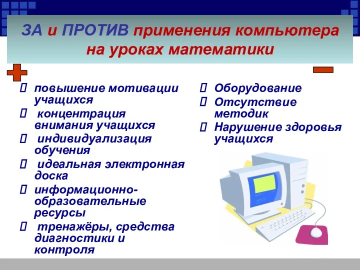 ЗА и ПРОТИВ применения компьютера на уроках математики Оборудование Отсутствие