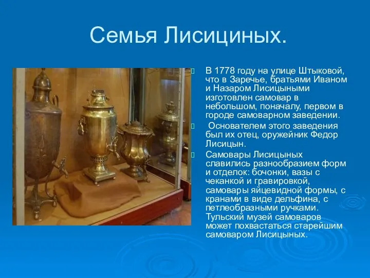 Семья Лисициных. В 1778 году на улице Штыковой, что в Заречье, братьями Иваном