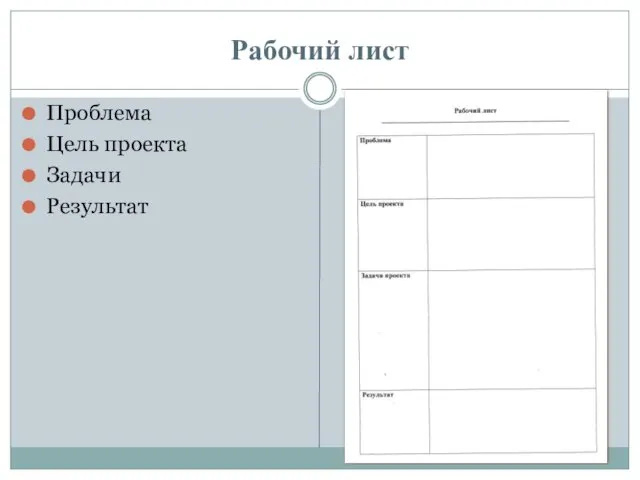 Рабочий лист Проблема Цель проекта Задачи Результат