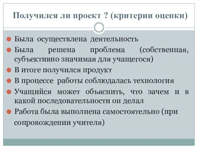 Получился ли проект ? (критерии оценки) Была осуществлена деятельность Была