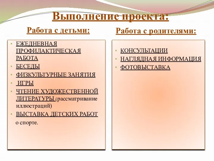 Выполнение проекта: Работа с детьми: Работа с родителями: ЕЖЕДНЕВНАЯ ПРОФИЛАКТИЧЕСКАЯ