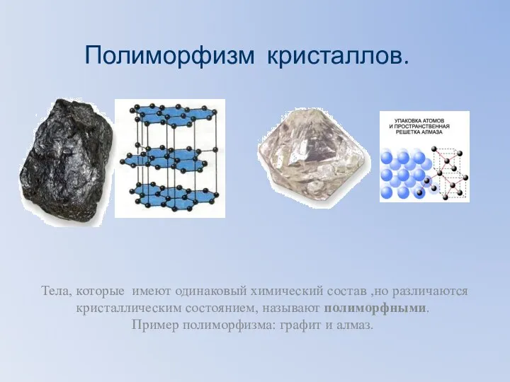 Полиморфизм кристаллов. Тела, которые имеют одинаковый химический состав ,но различаются