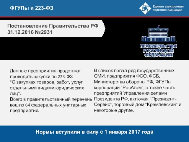 ФГУПы и 223-ФЗ Постановление Правительства РФ 31.12.2016 №2931 утвержден перечень