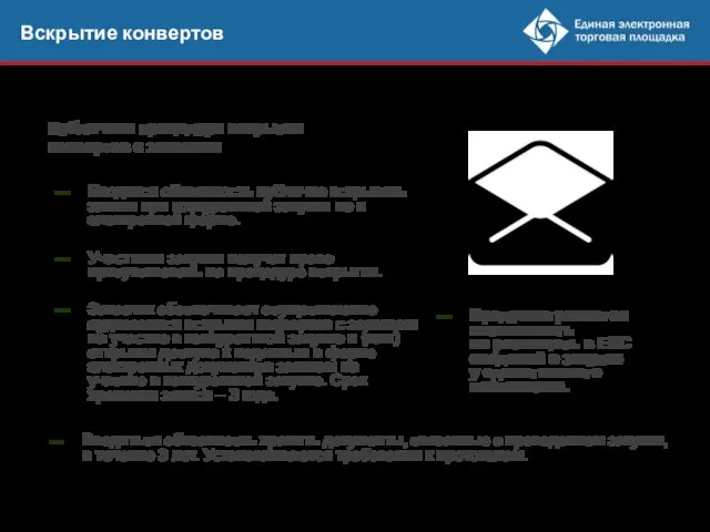 Вскрытие конвертов Вводится обязанность публично вскрывать заявки при конкурентной закупки не в электронной