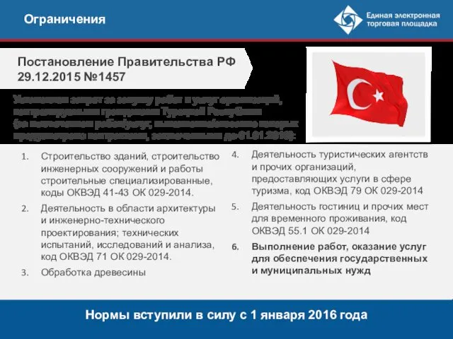 Ограничения Постановление Правительства РФ 29.12.2015 №1457 Установлен запрет за закупку