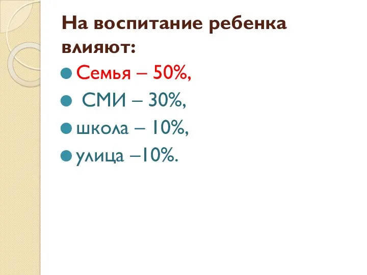 На воспитание ребенка влияют: Семья – 50%, СМИ – 30%, школа – 10%, улица –10%.