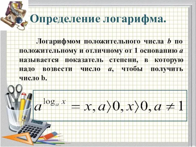 Определение логарифма. Логарифмом положительного числа b по положительному и отличному