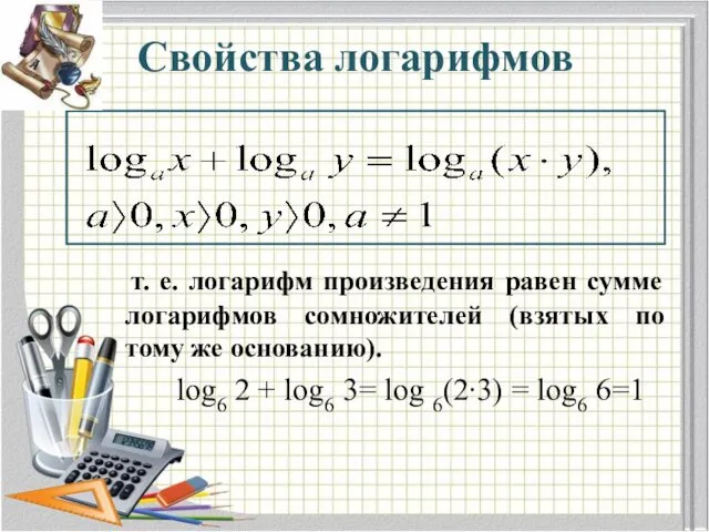 Свойства логарифмов т. е. логарифм произведения равен сумме логарифмов сомножителей