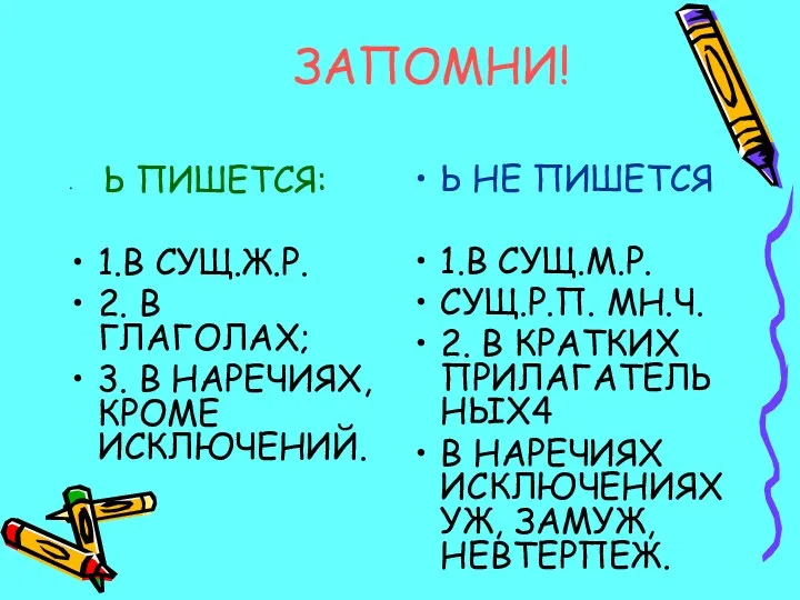 ЗАПОМНИ! Ь ПИШЕТСЯ: 1.В СУЩ.Ж.Р. 2. В ГЛАГОЛАХ; 3. В