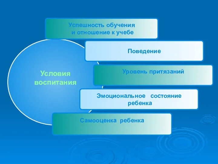 Условия воспитания Успешность обучения и отношение к учебе Поведение Уровень притязаний Эмоциональное состояние ребенка Самооценка ребенка