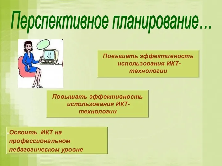 Перспективное планирование… Освоить ИКТ на профессиональном педагогическом уровне Повышать эффективность использования ИКТ- технологии