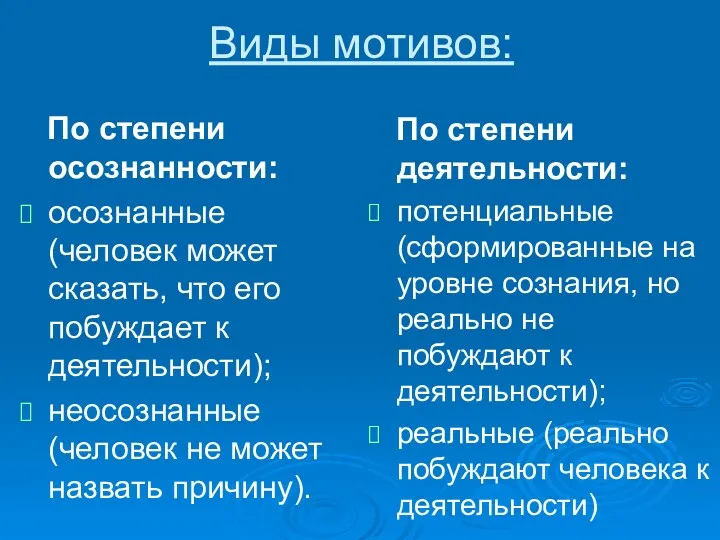 Виды мотивов: По степени осознанности: осознанные (человек может сказать, что