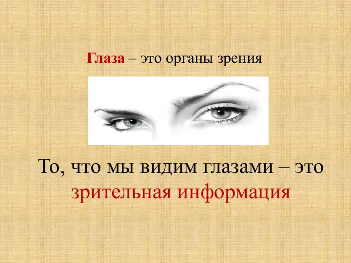 Глаза – это органы зрения То, что мы видим глазами – это зрительная информация