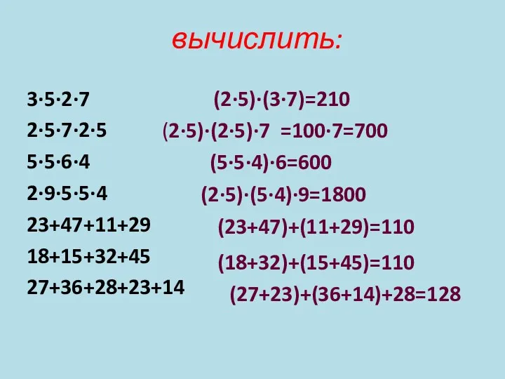 вычислить: 3∙5∙2∙7 2∙5∙7∙2∙5 5∙5∙6∙4 2∙9∙5∙5∙4 23+47+11+29 18+15+32+45 27+36+28+23+14 (2∙5)∙(3∙7)=210 (2∙5)∙(2∙5)∙7 =100∙7=700 (5∙5∙4)∙6=600 (2∙5)∙(5∙4)∙9=1800 (23+47)+(11+29)=110 (18+32)+(15+45)=110 (27+23)+(36+14)+28=128