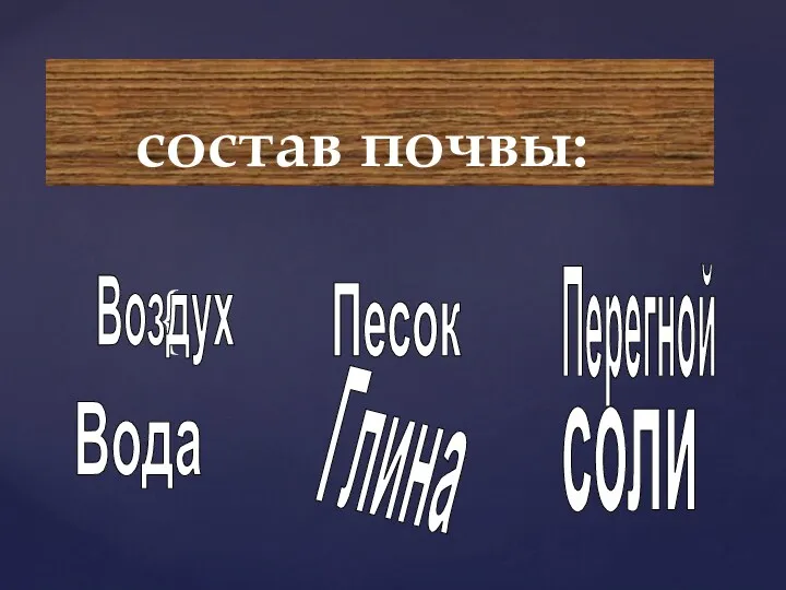 состав почвы: Воздух Вода Перегной Песок Глина соли