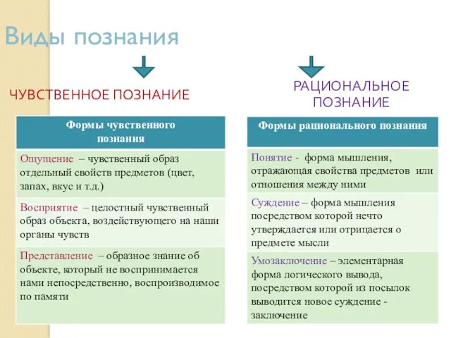 Виды познания ЧУВСТВЕННОЕ ПОЗНАНИЕ РАЦИОНАЛЬНОЕ ПОЗНАНИЕ