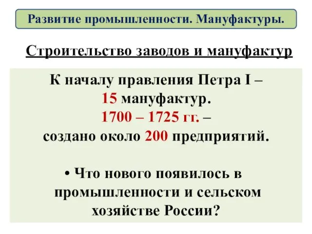 Строительство заводов и мануфактур К началу правления Петра I –