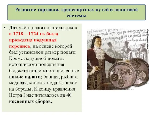 Для учёта налогоплательщиков в 1718—1724 гг. была проведена подушная перепись,