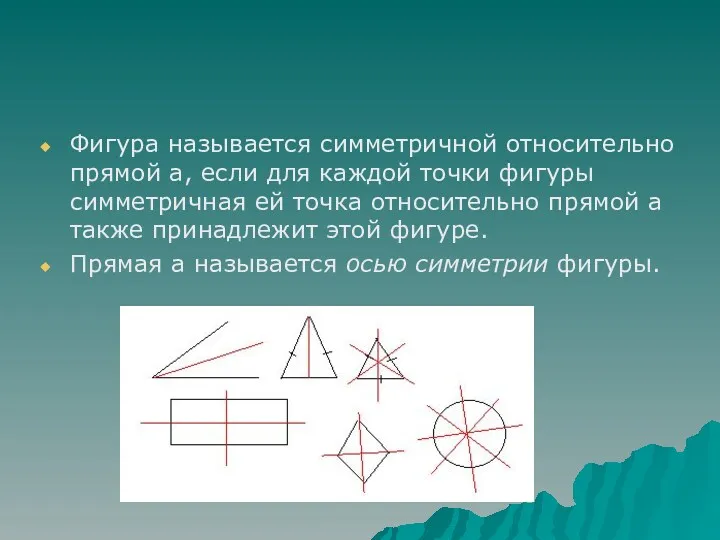 Фигура называется симметричной относительно прямой а, если для каждой точки