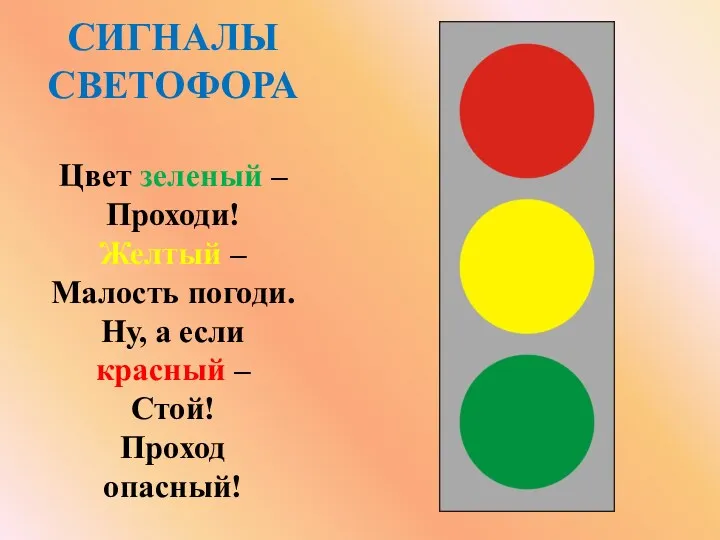 СИГНАЛЫ СВЕТОФОРА Цвет зеленый – Проходи! Желтый – Малость погоди. Ну, а если