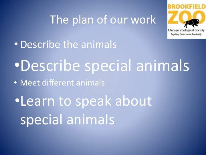 The plan of our work Describe the animals Describe special animals Meet different