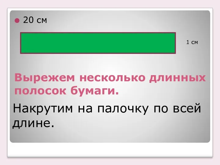 Вырежем несколько длинных полосок бумаги. 20 см 1 см Накрутим на палочку по всей длине.