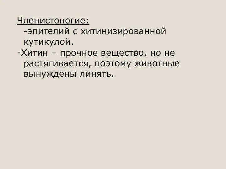 Членистоногие: -эпителий с хитинизированной кутикулой. -Хитин – прочное вещество, но не растягивается, поэтому животные вынуждены линять.