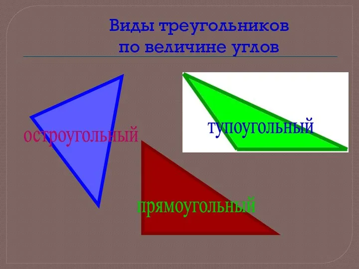 Виды треугольников по величине углов прямоугольный остроугольный тупоугольный
