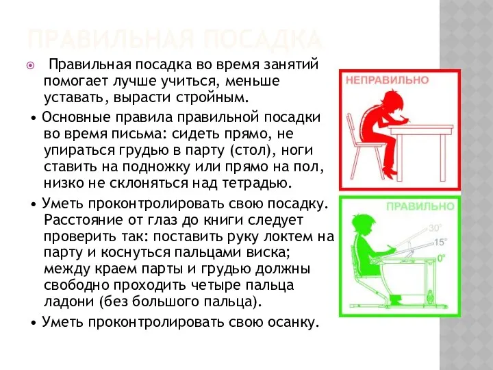 Правильная посадка Правильная посадка во время занятий помогает лучше учиться,