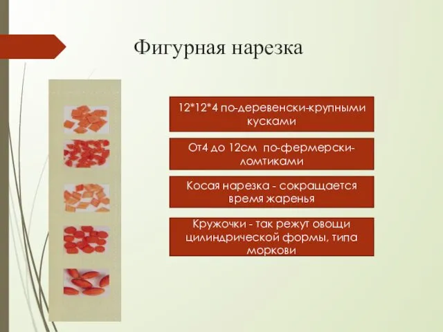 Фигурная нарезка 12*12*4 по-деревенски-крупными кусками От4 до 12см по-фермерски-ломтиками Кружочки