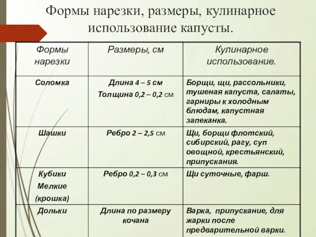 Формы нарезки, размеры, кулинарное использование капусты.