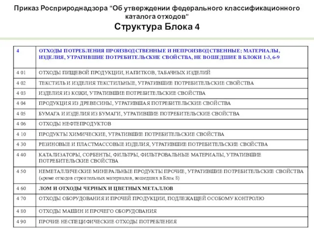 Приказ Росприроднадзора "Об утверждении федерального классификационного каталога отходов" Структура Блока 4