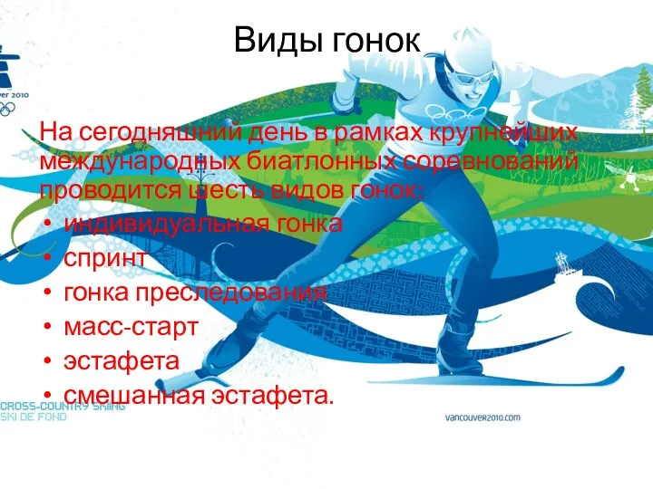 Виды гонок На сегодняшний день в рамках крупнейших международных биатлонных соревнований проводится шесть