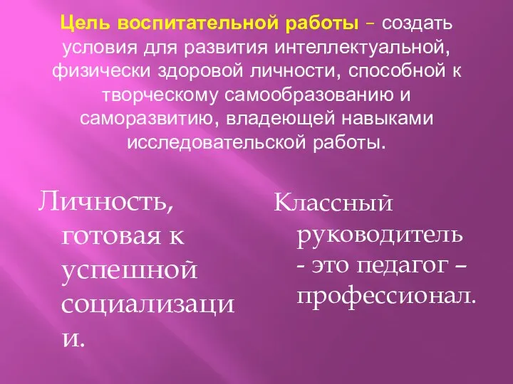 Цель воспитательной работы – создать условия для развития интеллектуальной, физически