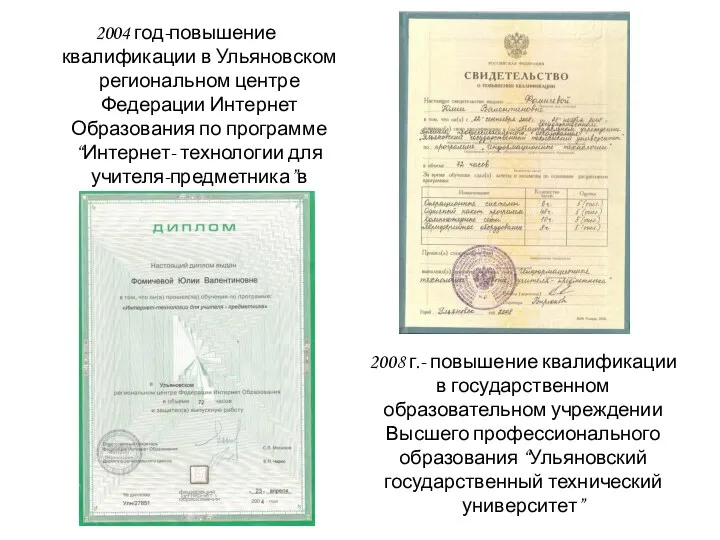 2008 г.- повышение квалификации в государственном образовательном учреждении Высшего профессионального